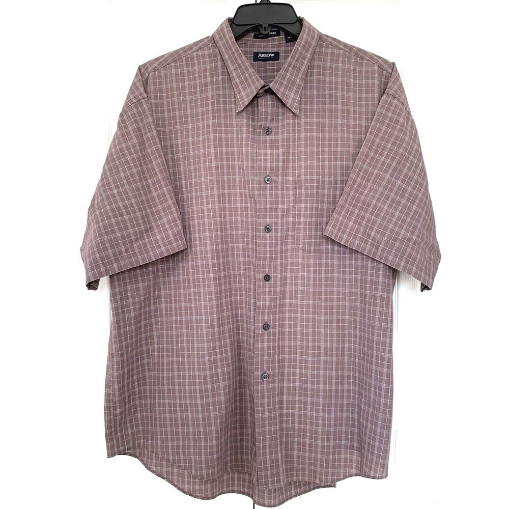 Arrow Wrinkle Free Button Front Shirt Mens XXL Brown Plaid 100% Cotton Preppy